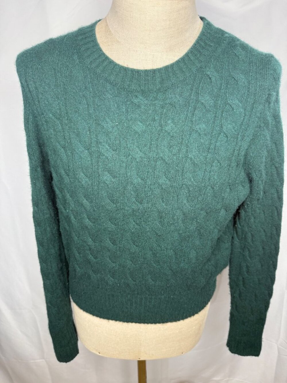 J Crew Womens Cable Knit Green Cashmere Sweater Sz L Crewneck